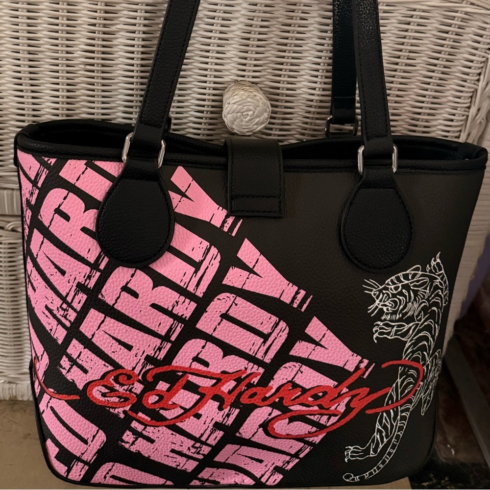Embellished Floral & Checker Tote Bag - Black Pink